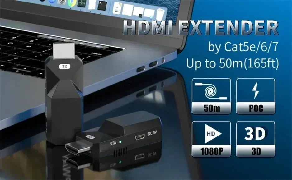 Extensor HDMI 1080P 60m | Sem Fio | Transmissor + Receptor | CAT6 Plug & Play