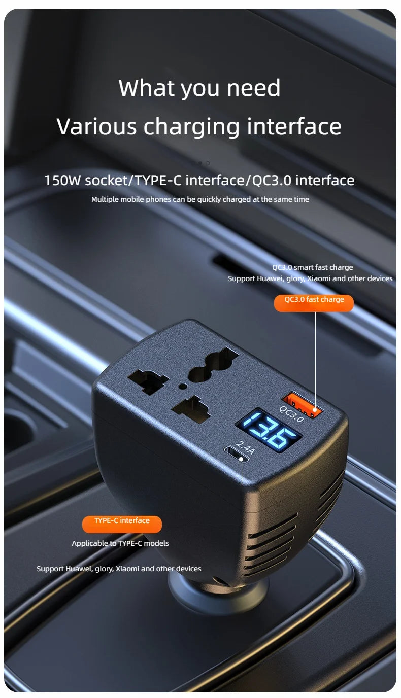 Inversor Veicular 12V/24V para 110V/220V Multifuncional com USB e PD – Carros e Caminhões
