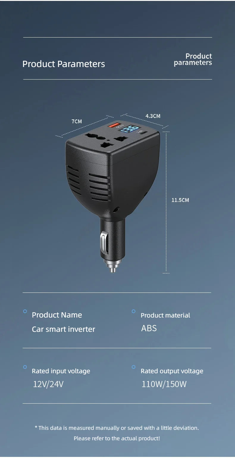 Inversor Veicular 12V/24V para 110V/220V Multifuncional com USB e PD – Carros e Caminhões