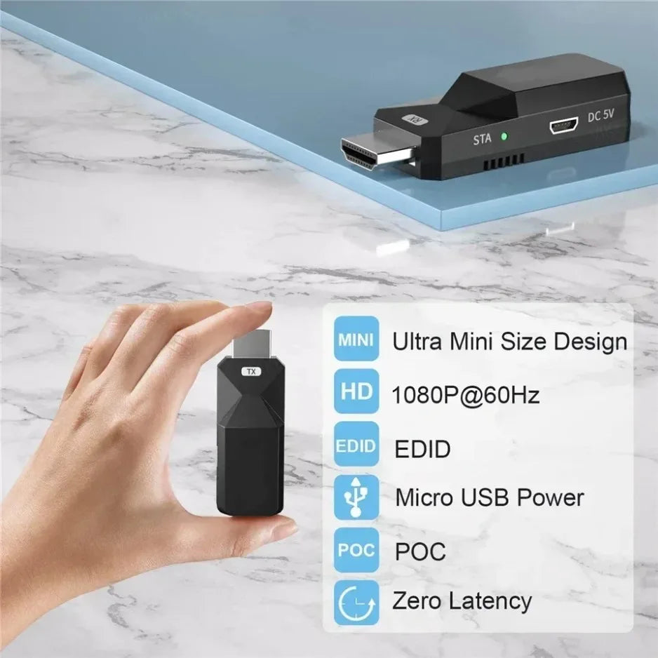 Extensor HDMI 1080P 60m | Sem Fio | Transmissor + Receptor | CAT6 Plug & Play