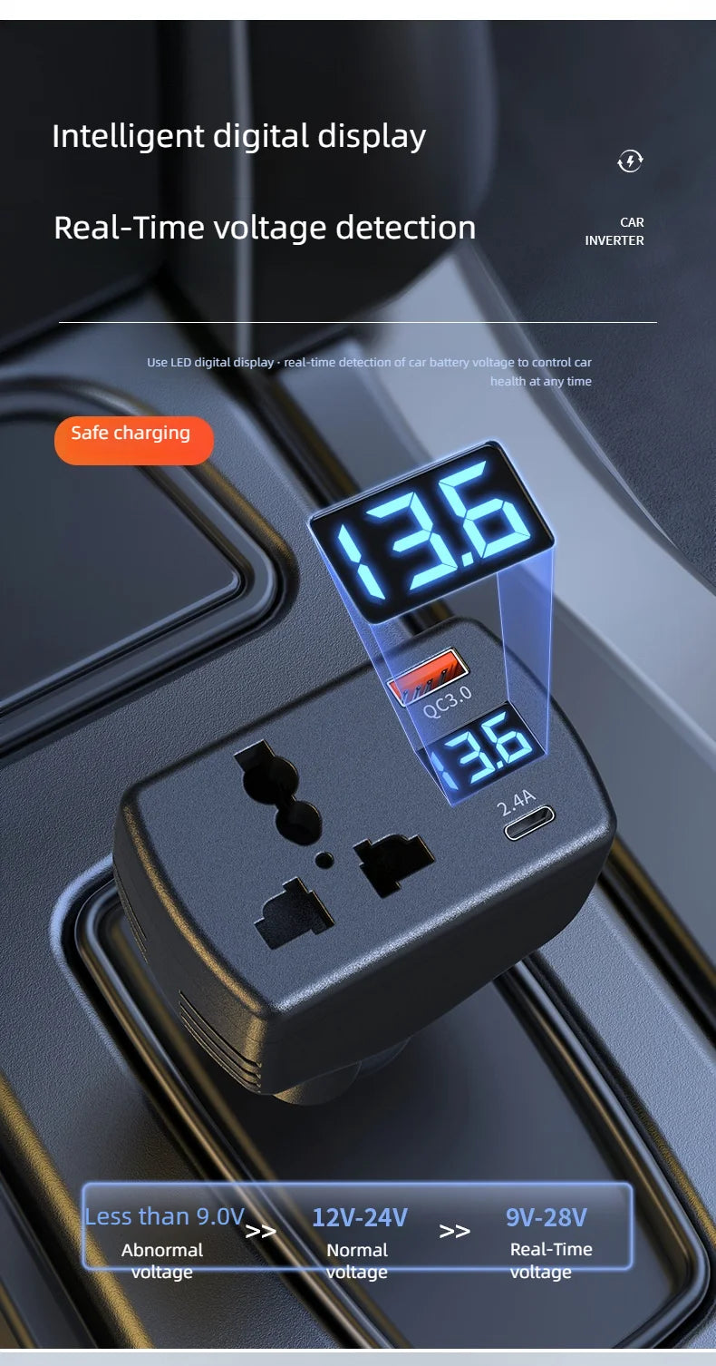 Inversor Veicular 12V/24V para 110V/220V Multifuncional com USB e PD – Carros e Caminhões