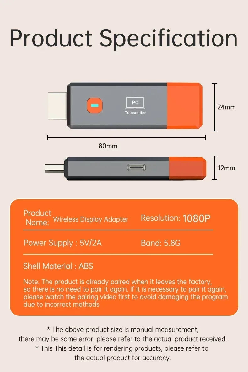 Adaptador HDMI Wireless 1080P VIKEFON TX RX | Sem Wi-Fi | 50m Alcance | USB Plug & Play
