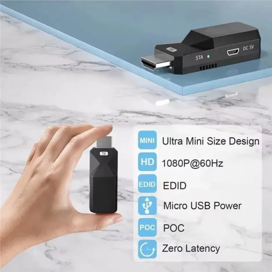 Extensor HDMI 1080P 60m | Sem Fio | Transmissor + Receptor | CAT6 Plug & Play