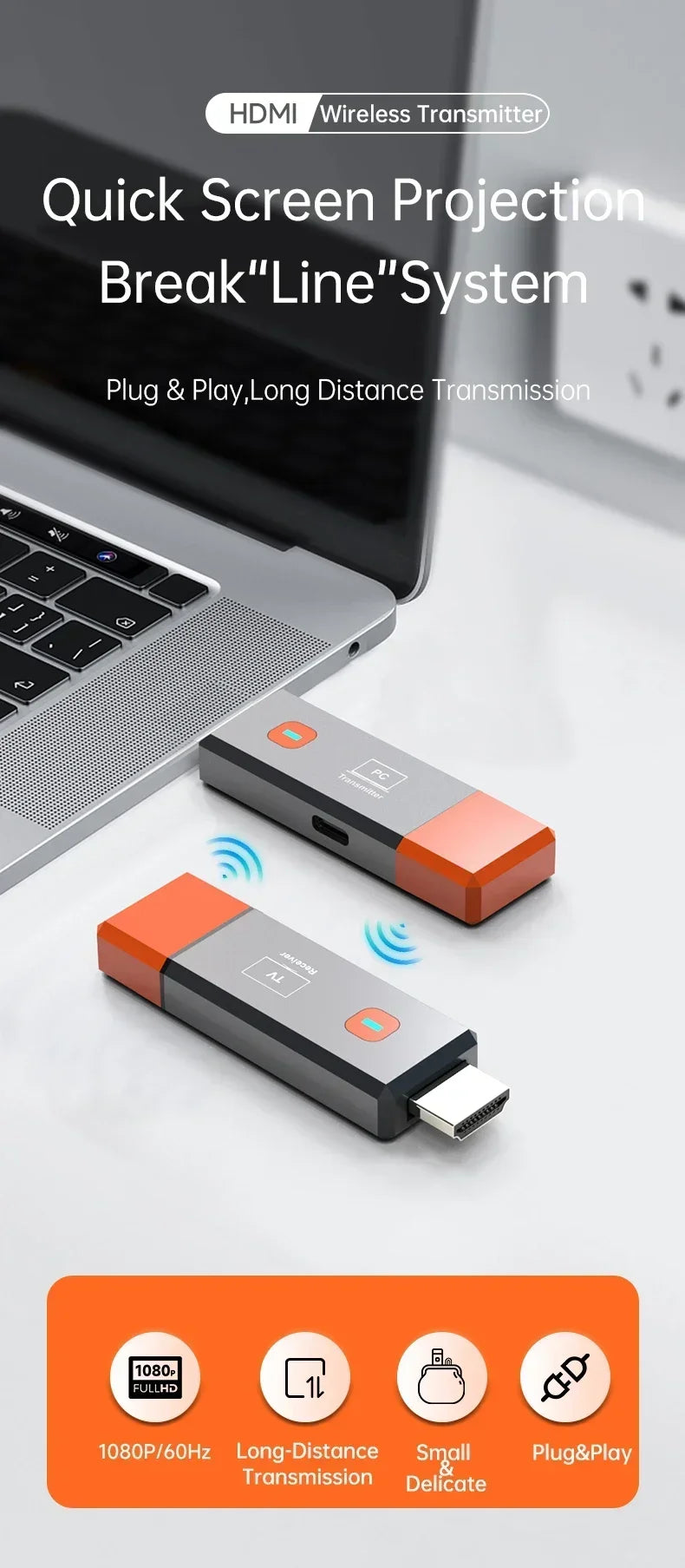 Adaptador HDMI Wireless 1080P VIKEFON TX RX | Sem Wi-Fi | 50m Alcance | USB Plug & Play
