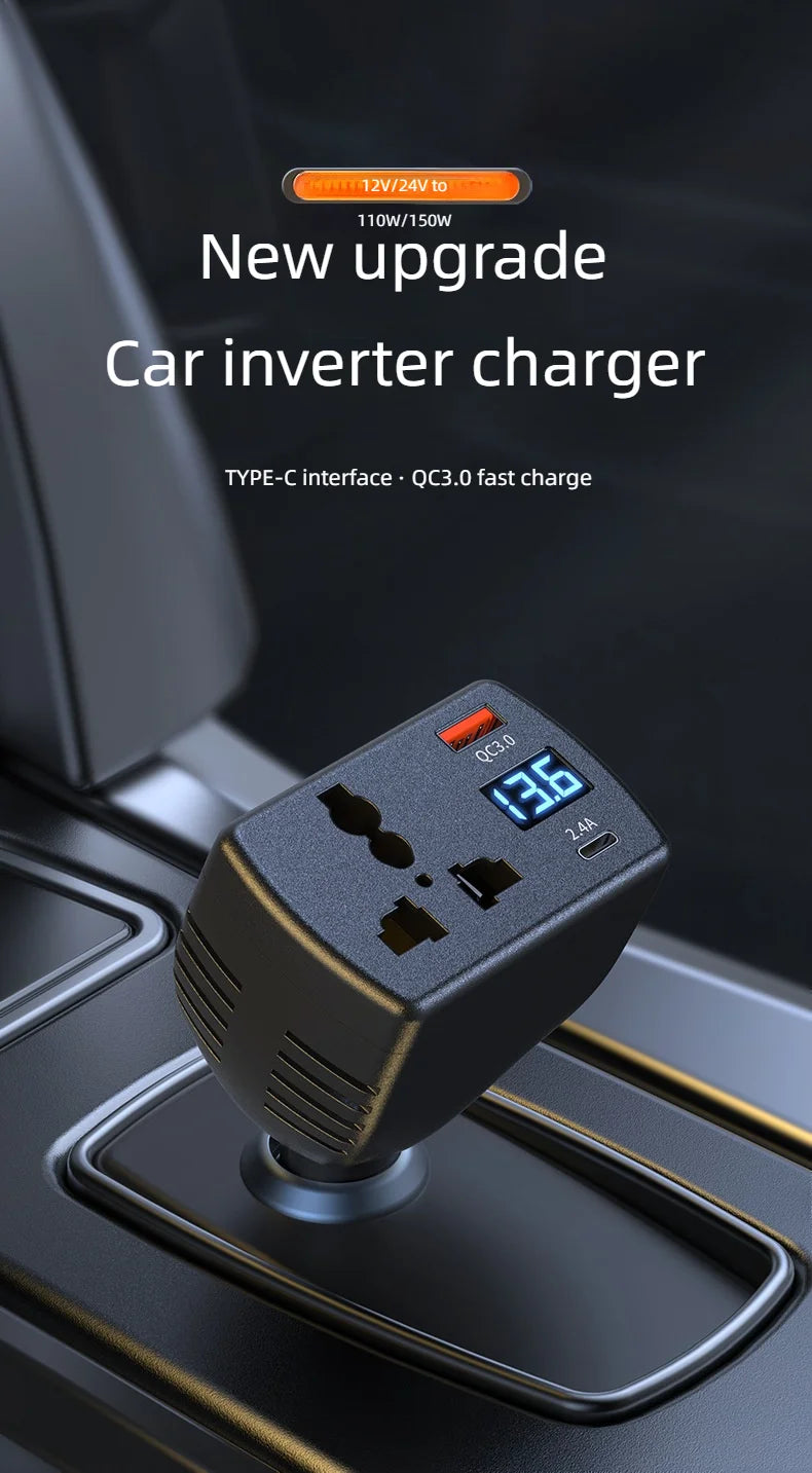 Inversor Veicular 12V/24V para 110V/220V Multifuncional com USB e PD – Carros e Caminhões