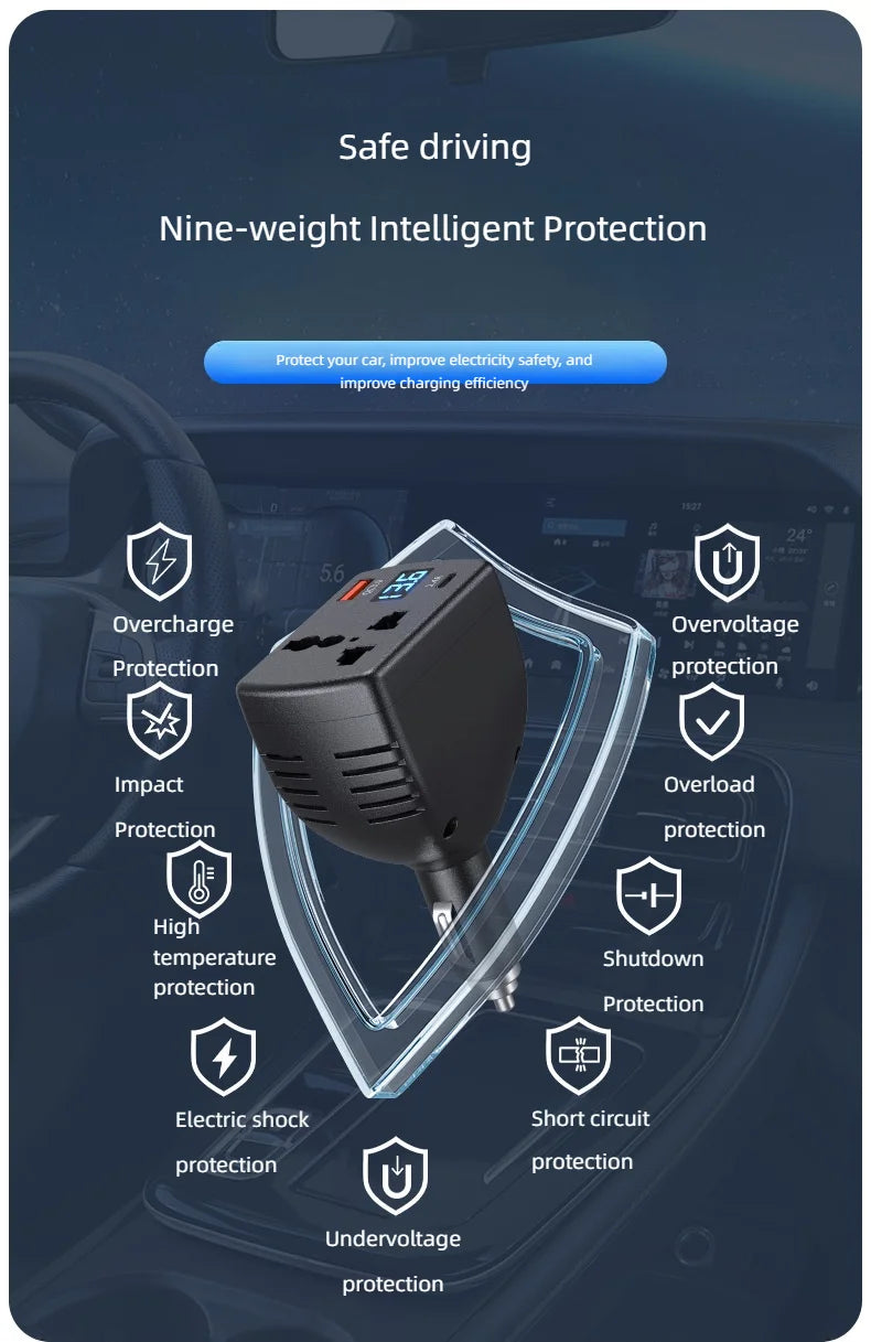 Inversor Veicular 12V/24V para 110V/220V Multifuncional com USB e PD – Carros e Caminhões